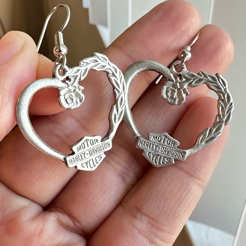 Vintage Costume Harley Davidson Motorcycle Heart Rose Drop Earrings